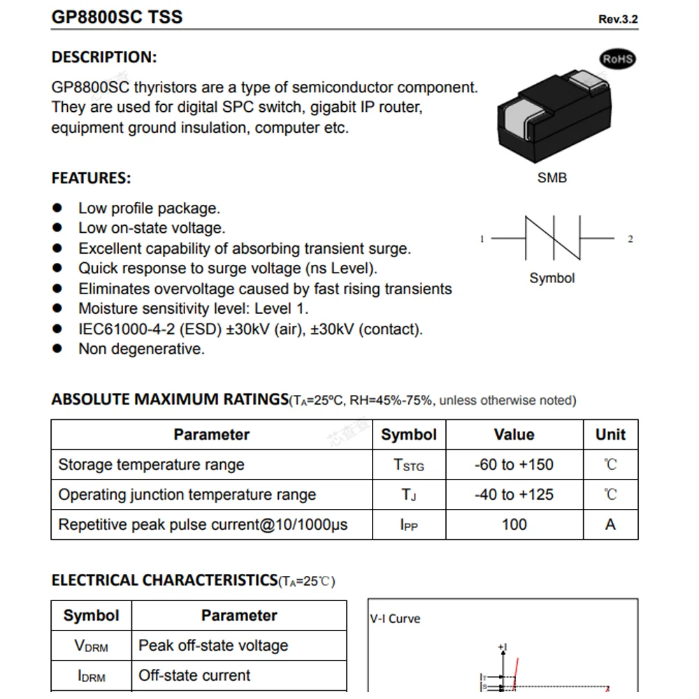 (100 pcs) GP8800SC SMB GP8800 - Bidirectional TSS Thyristor Surge Suppressor 750V 100A