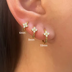 3PCS Simple 6mm/8mm/10mm Flower Zircon Hoop Earrings Set For Women 18K Gold Plated Stainless Steel Huggie Piercing Jewelry Gifts