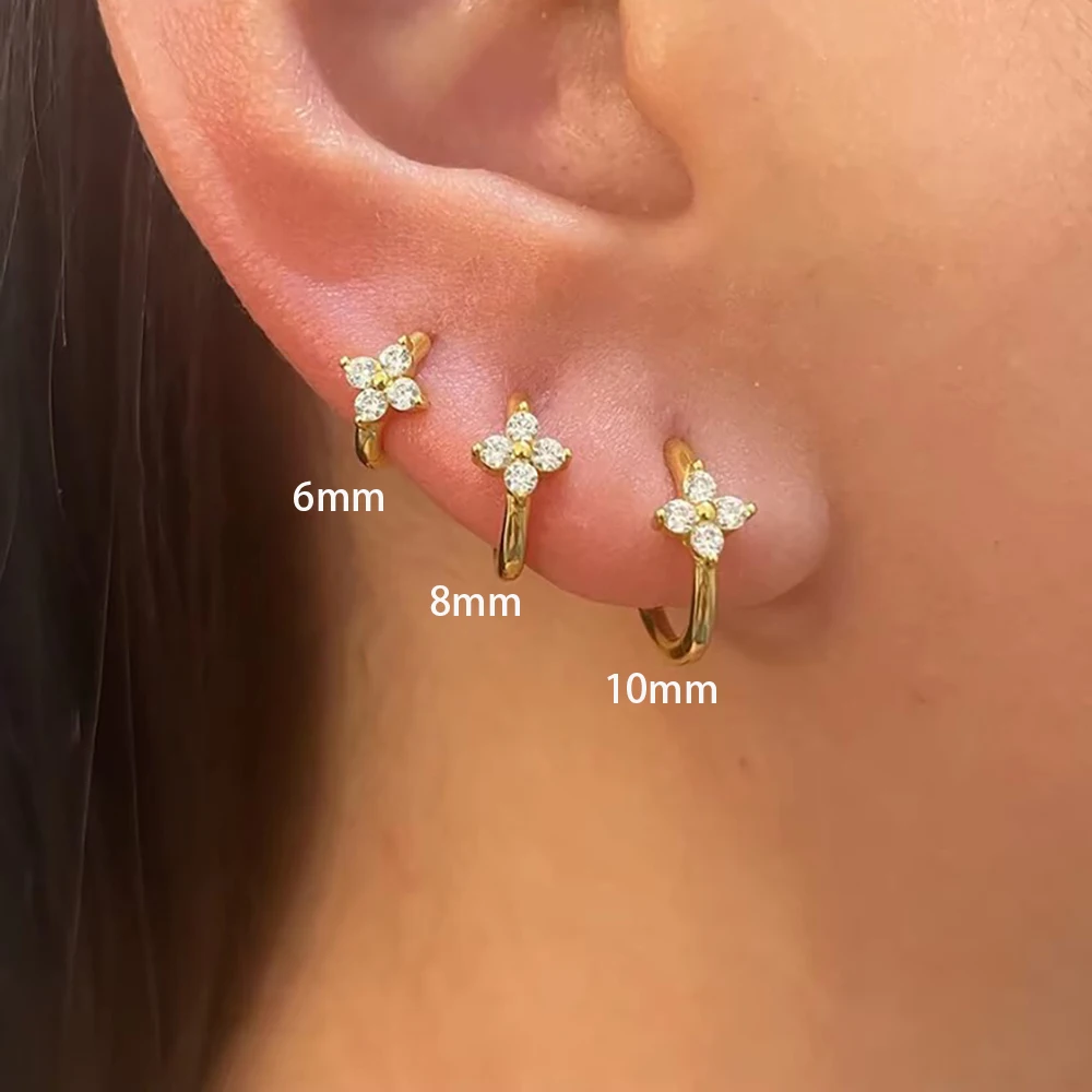 3PCS Simple 6mm/8mm/10mm Flower Zircon Hoop Earrings Set For Women 18K Gold Plated Stainless Steel Huggie Piercing Jewelry Gifts