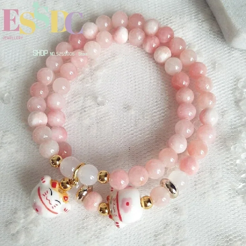 Hot Sale Natural Ceramics Fortune Cat Crystal Bracelet Multi Circles Fashionable Pink Stone Beads Lady's Hand String Ornaments