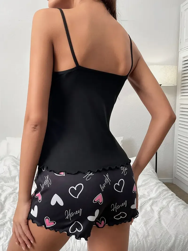 Heart & Letter Print Lettuce Trim Pajama Set, Casual Round Neck Backless Cami Top & Bow Decor Shorts, Women's Sleepwear