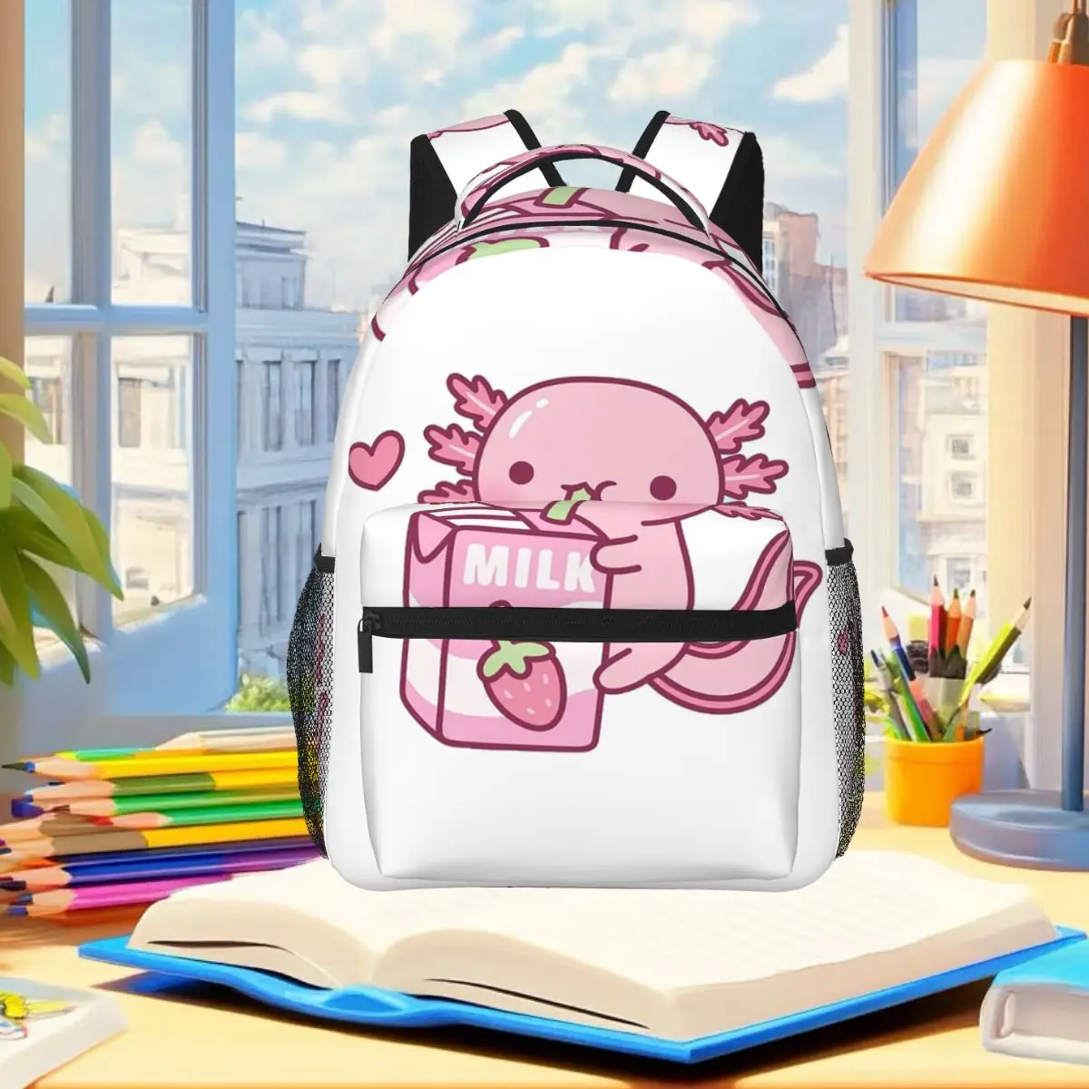 Cute Axolotl Loves Strawberry Milk Doodle Backpack Student Boys Girls BookBag School Bag Computer Shoulder Bags for Men Women