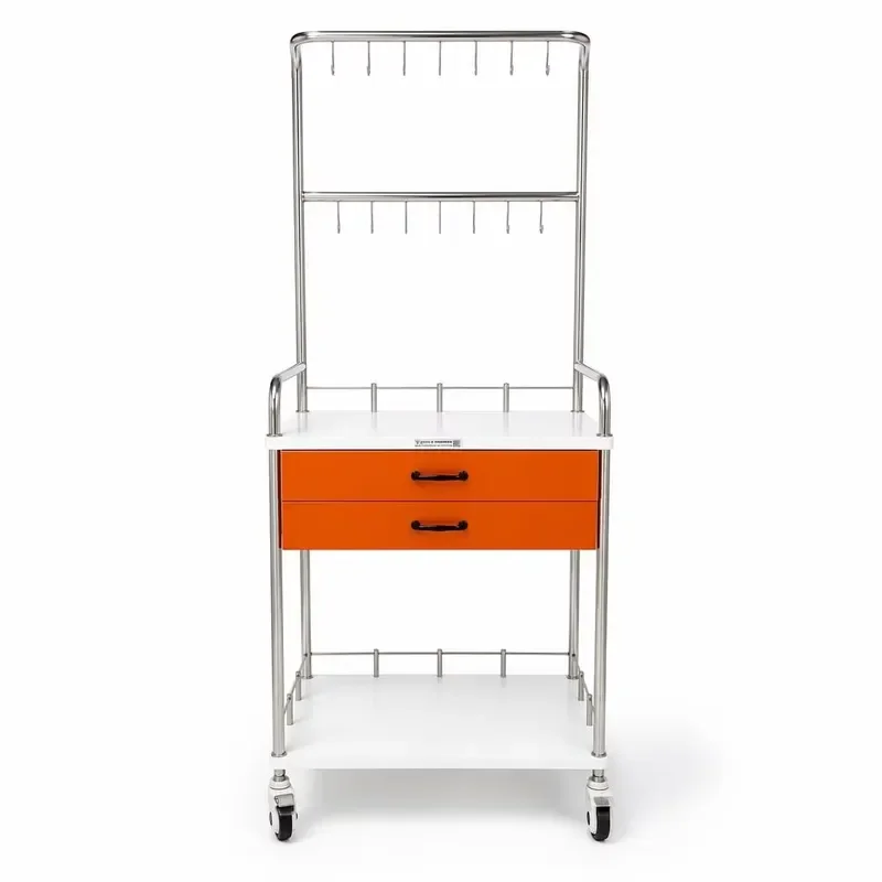 304 Stainless Steel Hospital IV Trolley with 20 Drip Hooks Double Layer Silent Drawer Guardrail Wheels for Clinic Use Mobile