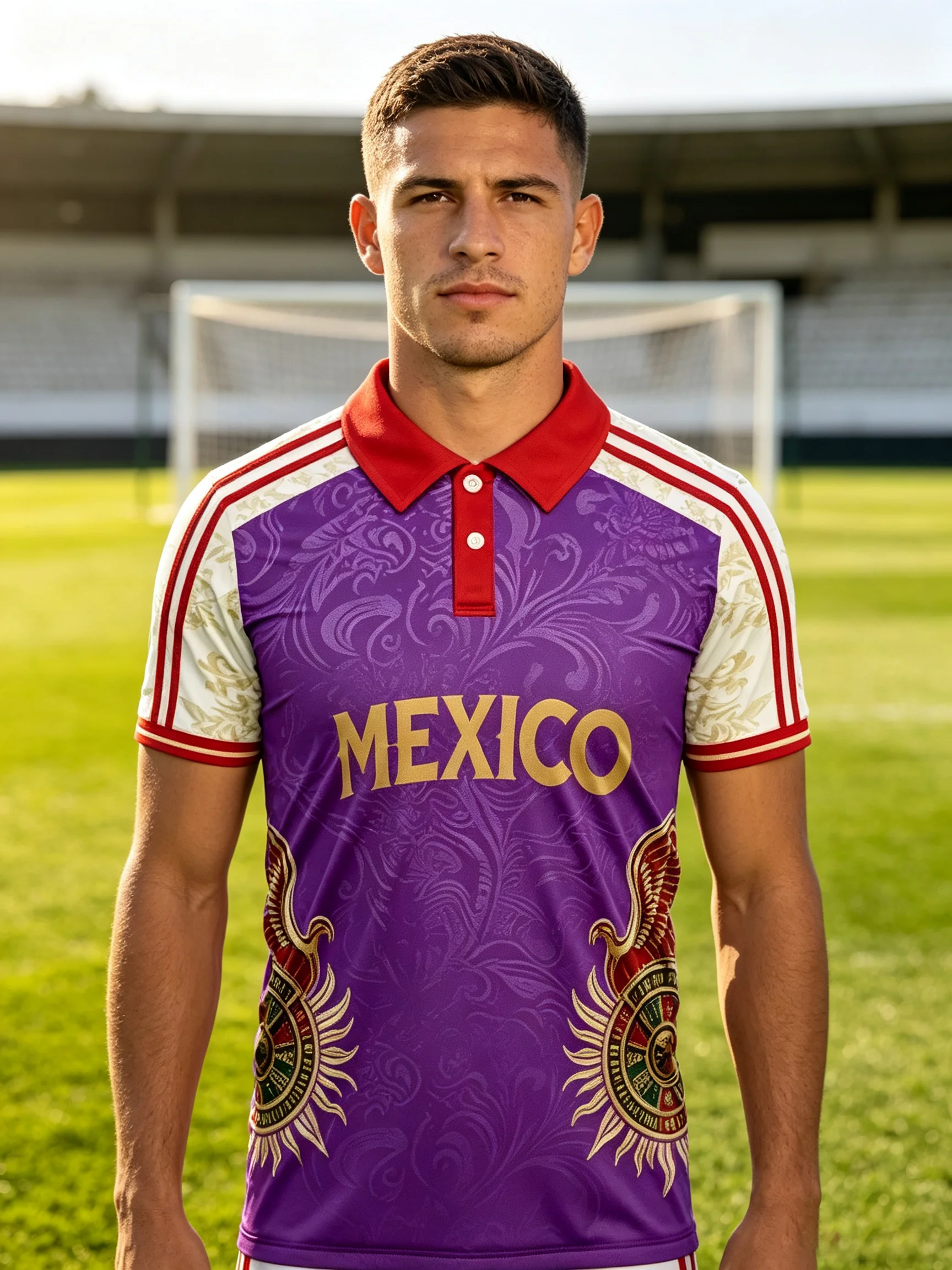 2026 Mexico purple‑toned away‑style polo soccer jersey, antique scroll texture and national totem prints