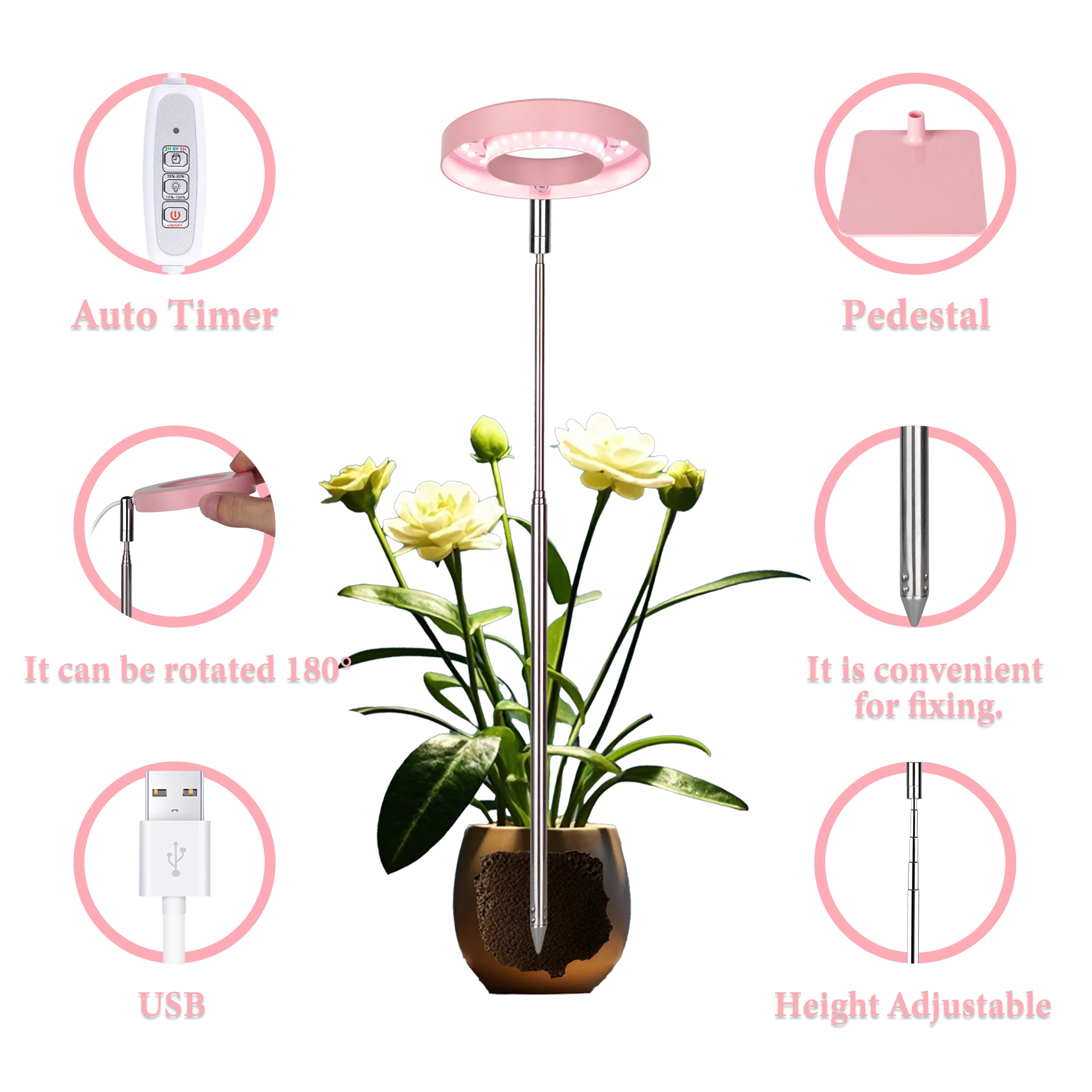 Pink LED Indoor Plant Growth Light, On and Off Timer, USB, Retractable Height, Full Spectrum Simulated Sunlight Plant, 2/4/8H