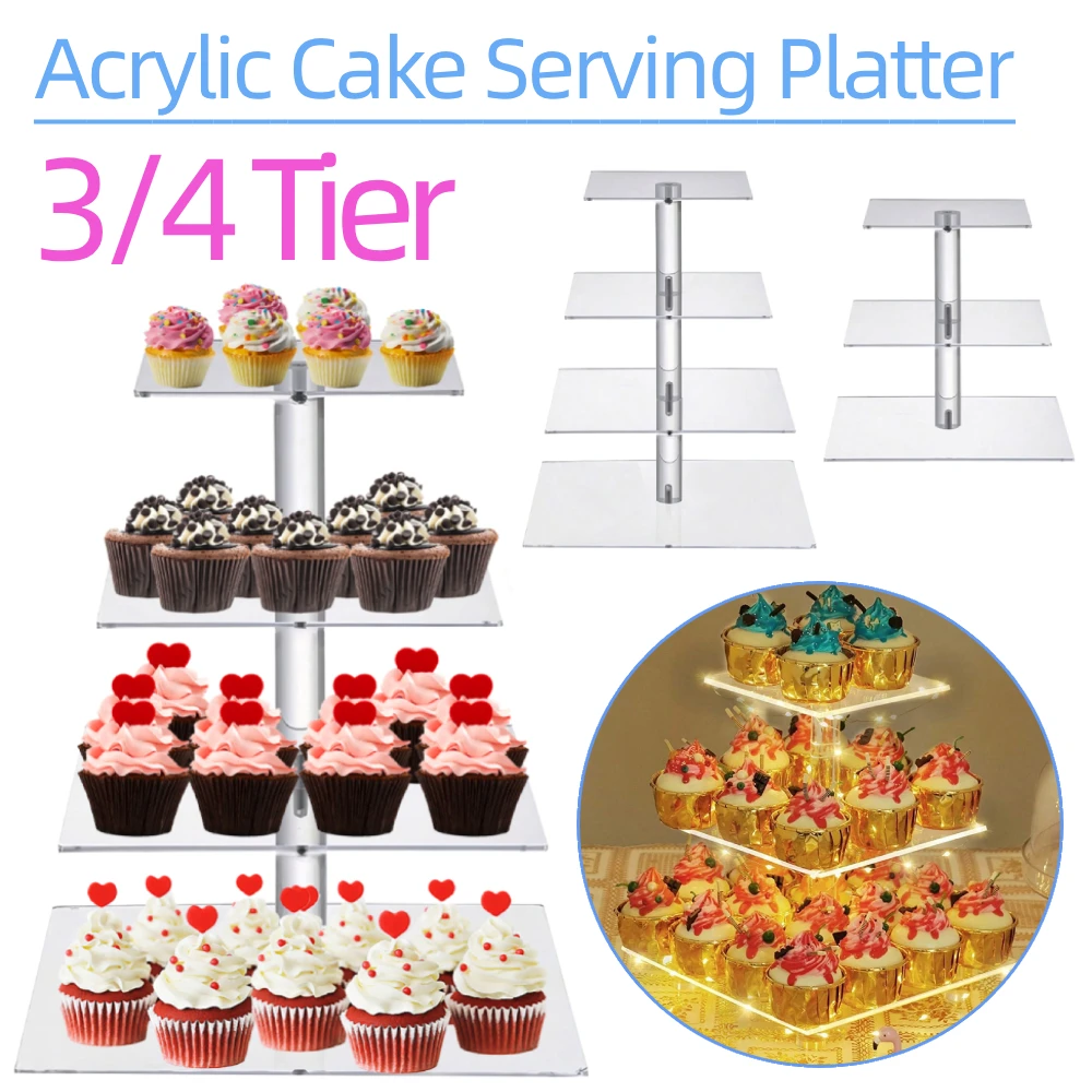 

3/4 Tier Acrylic Cupcake Display Stand with LED Light Cupcake Tower Stand Multifunctional Cake Serving Platter for Celebration