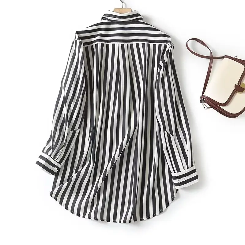 

Jenny&Dave Fashion Ladies Black and White Striped Blouse Top Women Autumn New French Lazy Casual Loose Boyfriend Style Shirt