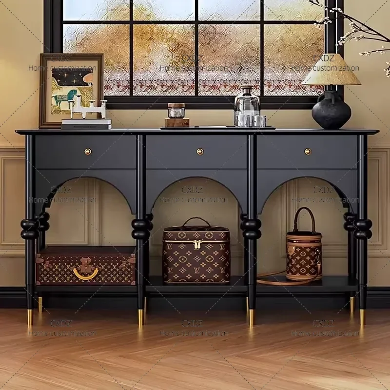 Retro Black Entrance Cabinet Modern Simple Solid Wood Sideboard Storage Decorative Console Table for Hallway Entryway