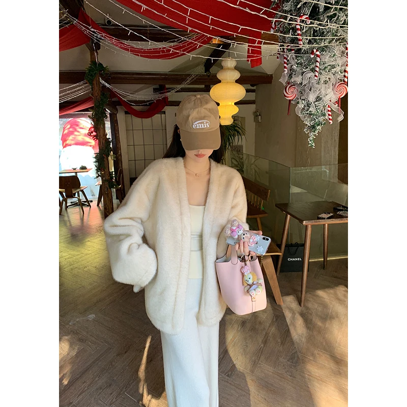 

AMORE Luo ng adient Eco-Friendly Mink Fur Coat Non-edding Autumn Winter Inteated Leather And Fur Outerwear Long Sve