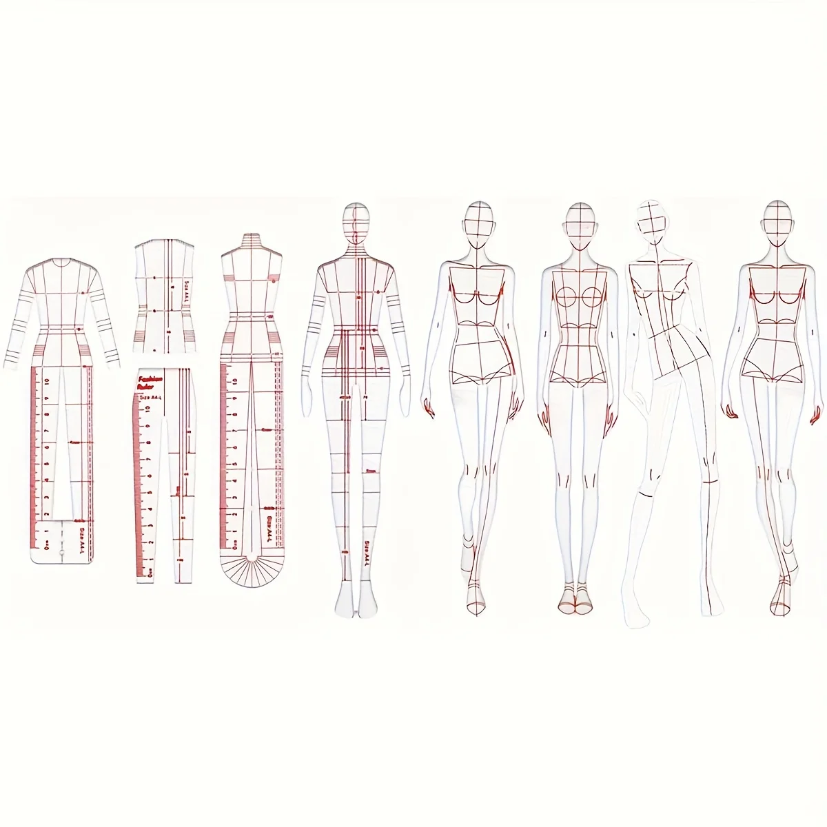 8pcs Fashion Illustration Ruler Sketching Template Ruler Sewing Humanoid Pattern Design Clothing Measurement and Combination,