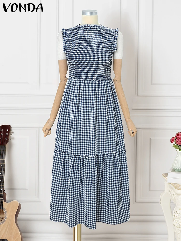 VONDA Letnia Sukienka Maxi w Kratę w Stylu Boho Damska Plisowana Długa Sukienka Letnia Elegancka Seksowna Bez Rękawów na Imprezę Vestido Codzienna Sukienka z Falbankami