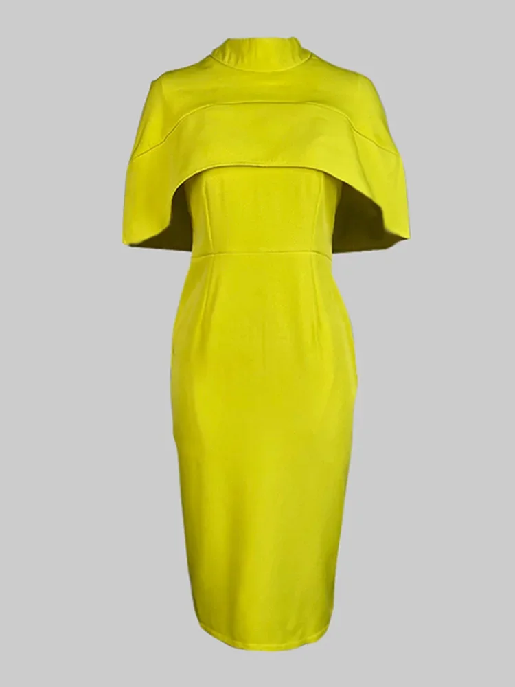 فساتين الصيف أزياء المرأة الأصفر فستان طويل Bodycon أنيقة اثنين كيب نمط الصلبة اللون سبليت المشتركة وهمية الرقبة سستة عارضة