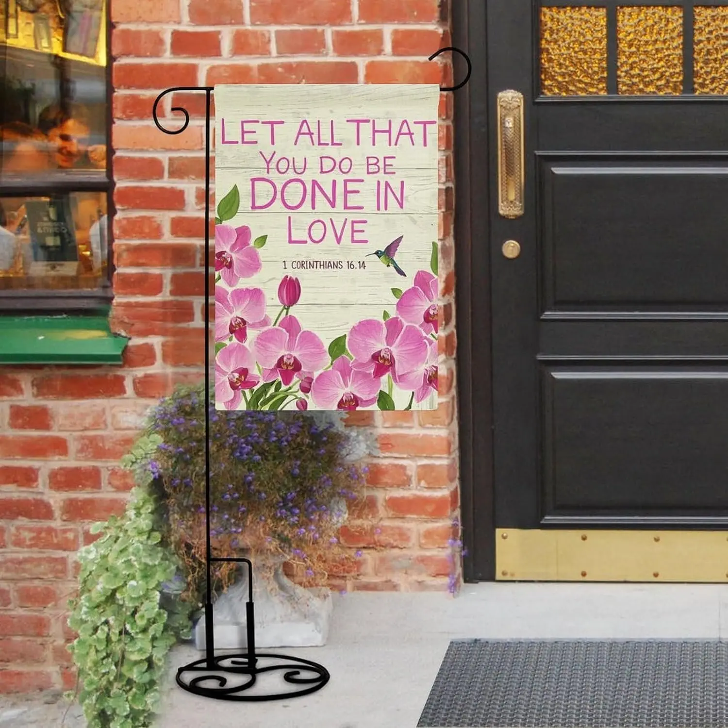 Garden Flag “A Motivational Hummingbird Let All That You Do Be Done in Love” Double Sided 12x18 In Burlap Seasonal Yard Deco LLG