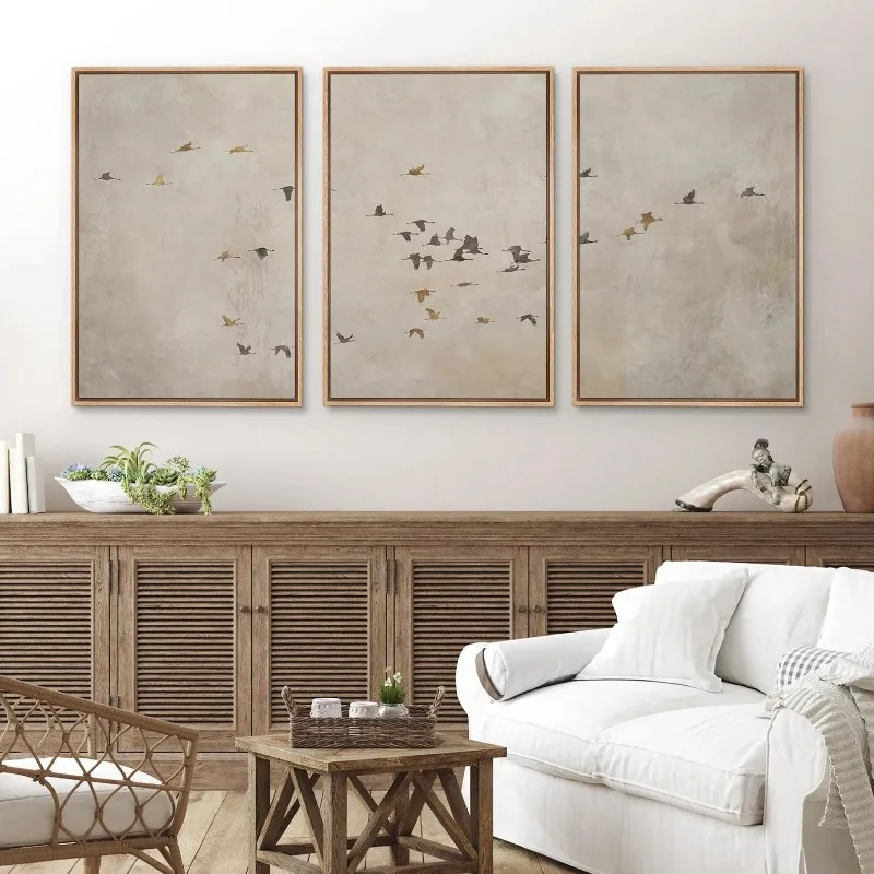 Flying Birds Wall Art Frameless Minimalist Canvas Set of 3, Beige Abstract Silhouette Print, Zen Wall Decor for Living Room
