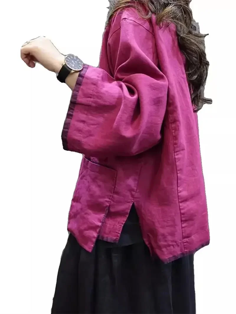 2025 novo estilo cinese cor contrastante placa fivela jaqueta de lino cardigan feminino gola alta retro casual solto topo k1861