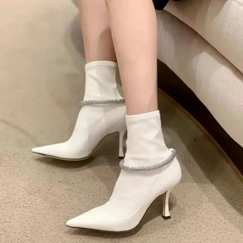 

Sexy Pointed Toe Stiletto High Heels Ankle Boots Elastic Women Sock Botines Patent Leather Rhinestone Elegant Short Botas Mujer