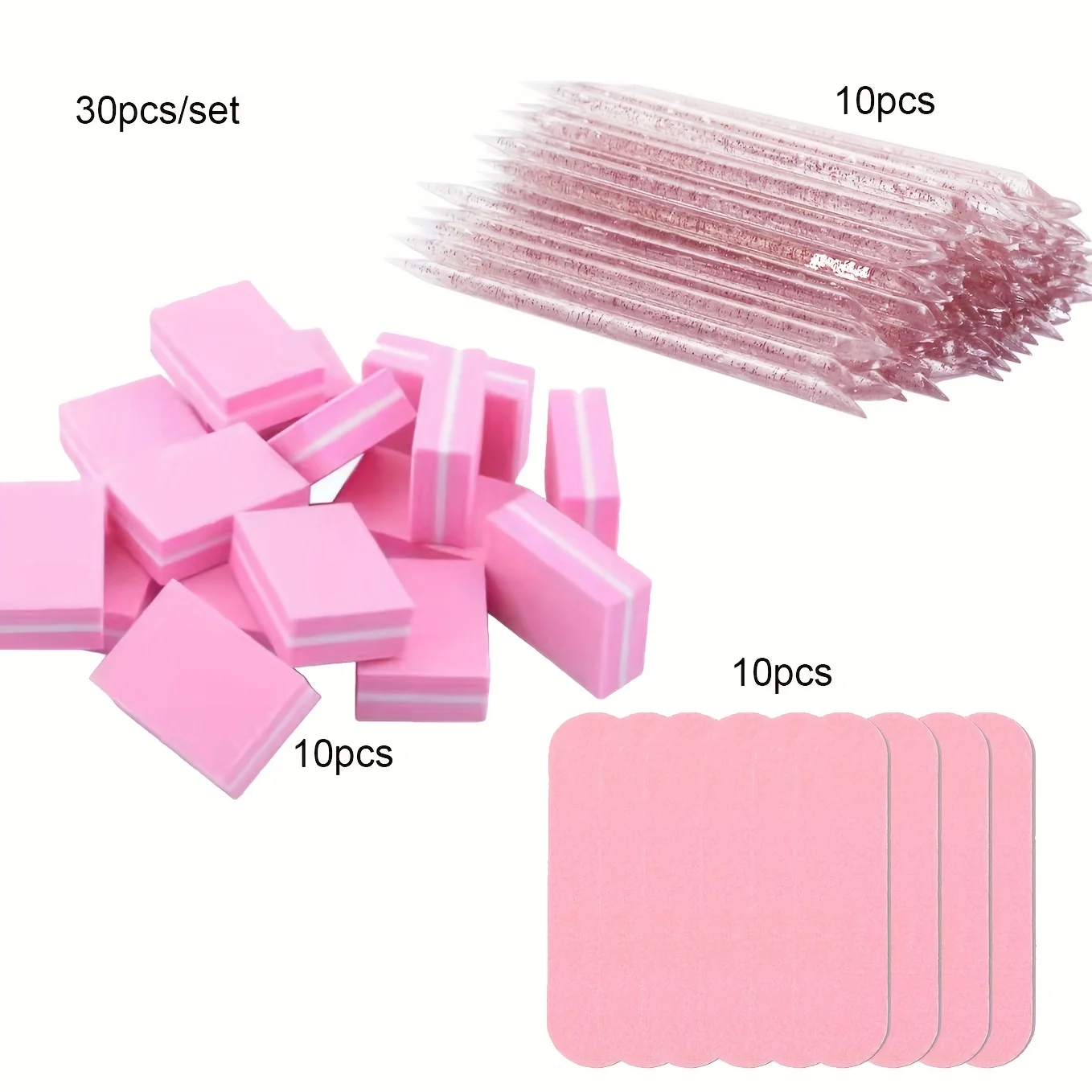 [30 Uds. Kit esencial para decoración de uñas] 30 Uds. Kit de decoración de uñas rosa-mini lima de uñas desechable, almohadilla amortiguadora y juego de varillas para joyería DIY Poli