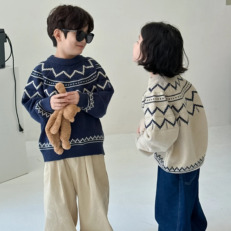 Sweater 2024 Autumn Boy Girl Korean Wave Knitting Top Round Neck Leisure Loose Wool Comfortable Cute