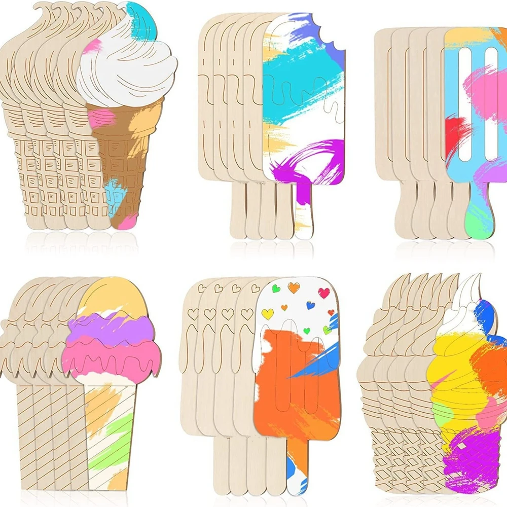 6pcs/pack Wooden Ice Cream Ornaments Multi Ice Cream Crafts for Kids Summer Party Decorations DIY Painting Gifts Supplies