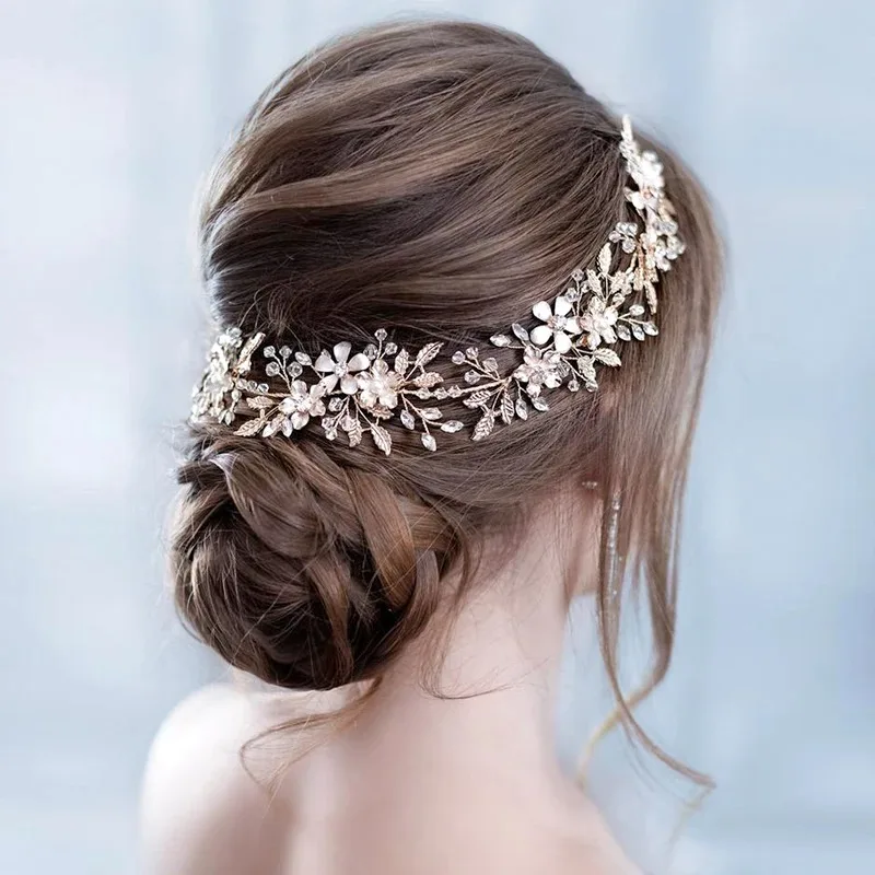 Bando bunga kristal daun pernikahan pengantin wanita, perhiasan aksesori rambut hadiah untuk pengantin perempuan berlian imitasi