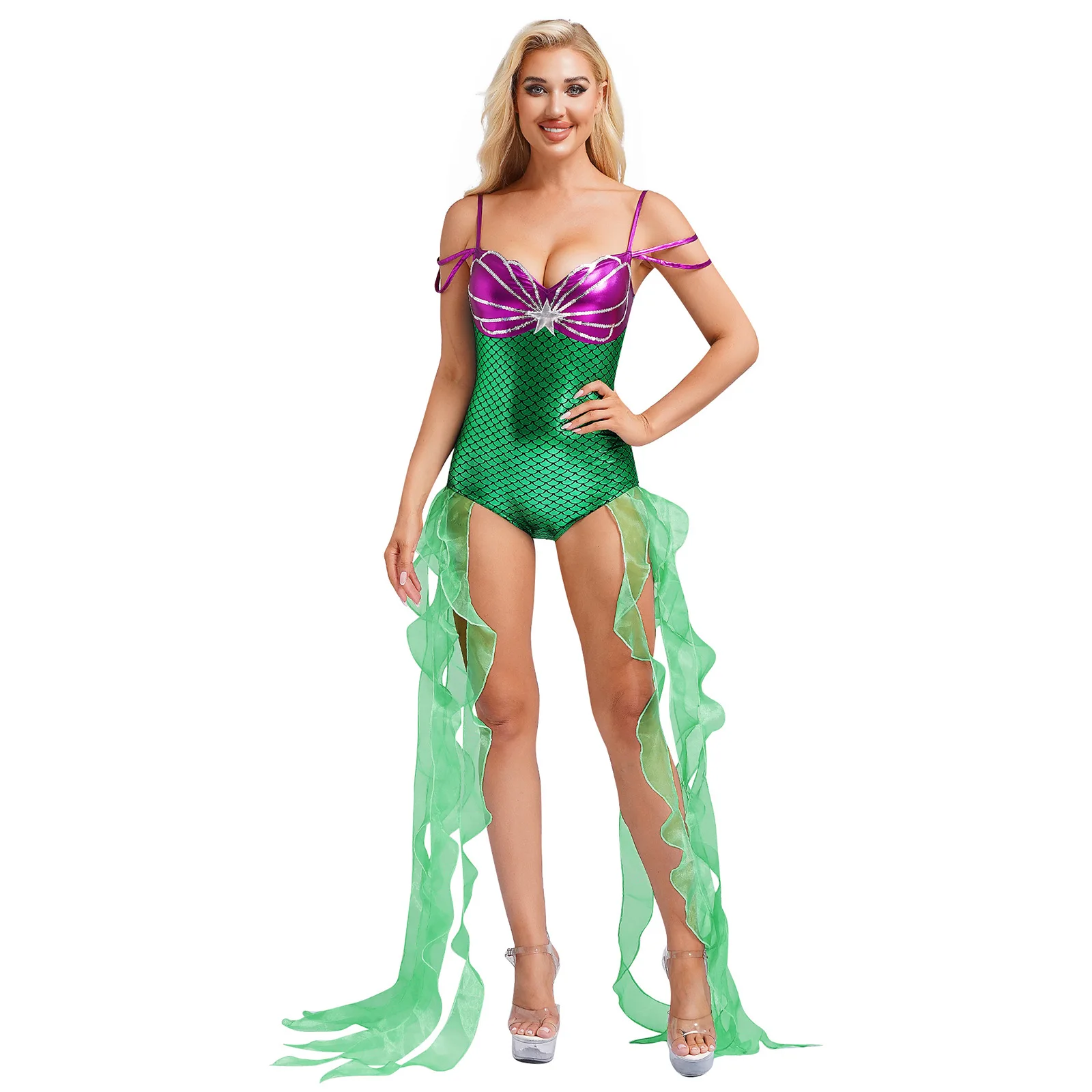

Shiny Women Mermaid Cosplay Costume Jumpsuit Halloween Cosplay Party Fish Scale Print Leotard Bodysuit with Tulle Ruffle Ribbons