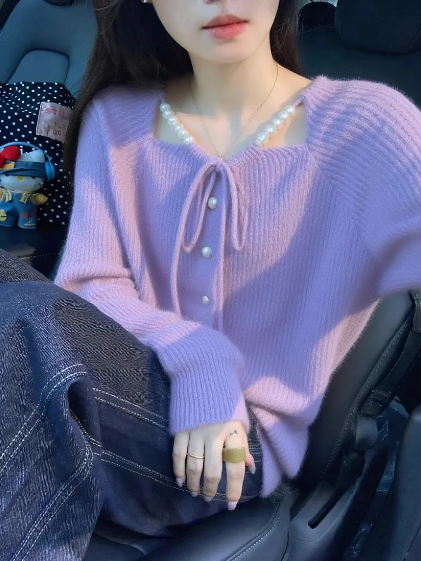 

Large Size Knitted Sweater with Pearl Bule Loose Fit Long Sve Women's Faionable Casual Sle Autumn Winter Top