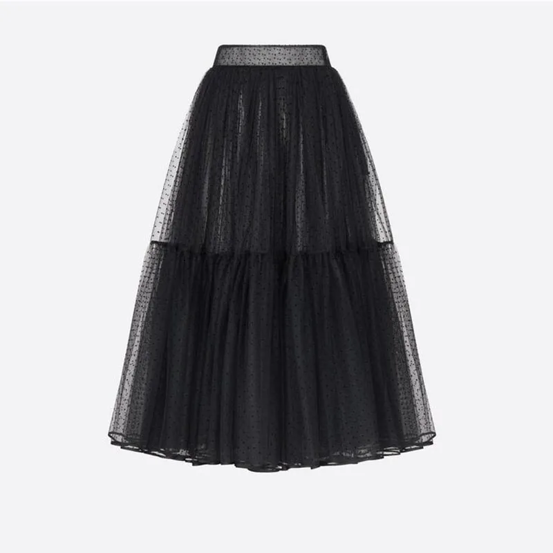 

High-Quality Summer Tulle Skirt Women 2023 Ladies Casual White Black High Waist Pleated Sun School Long Skirt Female