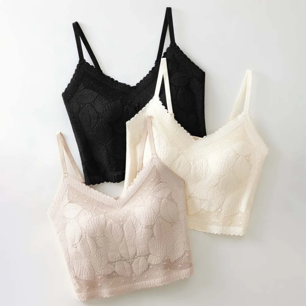 

Thin Bottoming Shirts Lace Deep V Camisole Leaf Shape with Chest Cushion Pads Lace Crop Tops Undershirt Sleeveless