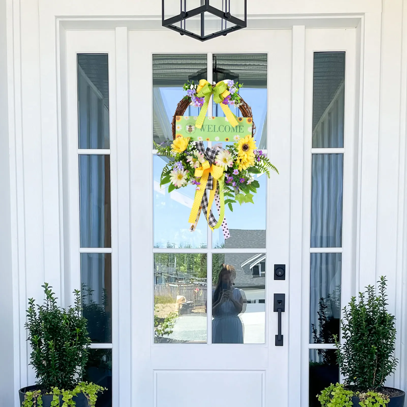 Corona de puerta de primavera, lazo de flor Artificial, eucalipto, señal de puerta de bienvenida, guirnalda de verano y otoño, decoración colgante para pared de puerta delantera