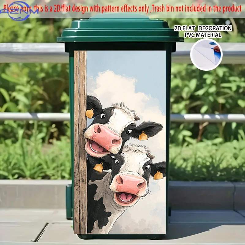 2D Flat Printing 1pc 2D Pattern Printed Kitchen Trash Can Sticker, 37x82cm, Cute Cow Peeking and Smiling Theme, Kitchen Home D