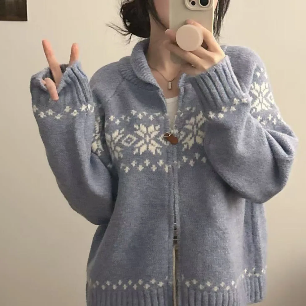 Cardigan jacquard college vintage con doppia cerniera cardigan oversize con risvolto cardigan lavorato a maglia allentato maglione casual da donna accogliente