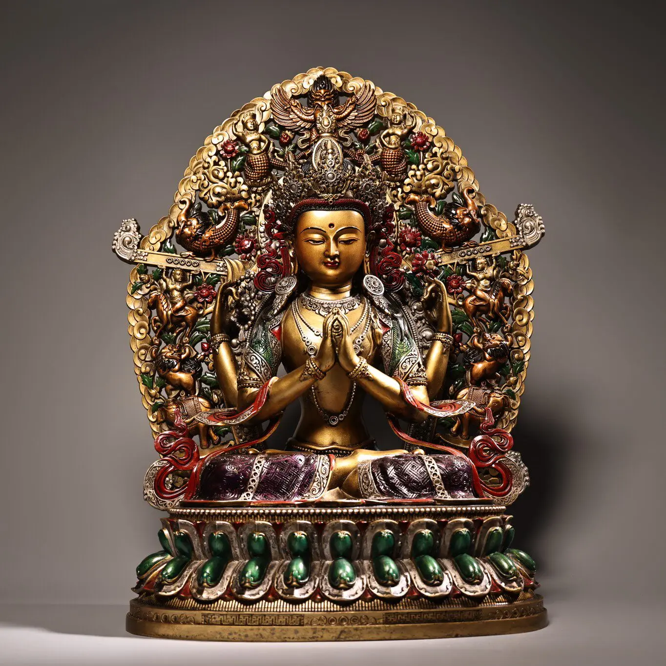 Tibetan Old Copper Painted Gold Highlight Four-Armed Guanyin Statue Serene Face Heavy Patina Fine Craft