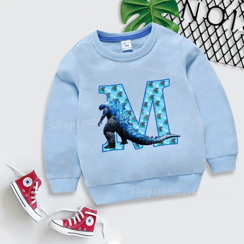 Godzilla Childern Spring Pullover Sweatshirt Letter A-Z Movie Cartoon Print Baby Thin Cotton Clothing Long Sleeve Tops Boys Gift