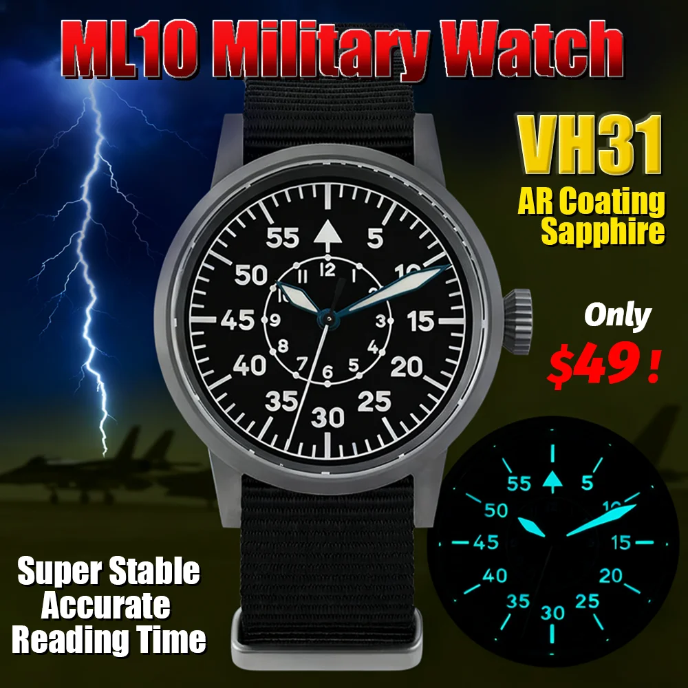 

Militado ML10 Кварцевые часы VH31 Подметание второго механизма с сапфировым стеклом BGW9 Светящиеся 10 бар Водонепроницаемые винтажные часы 36,9 мм
