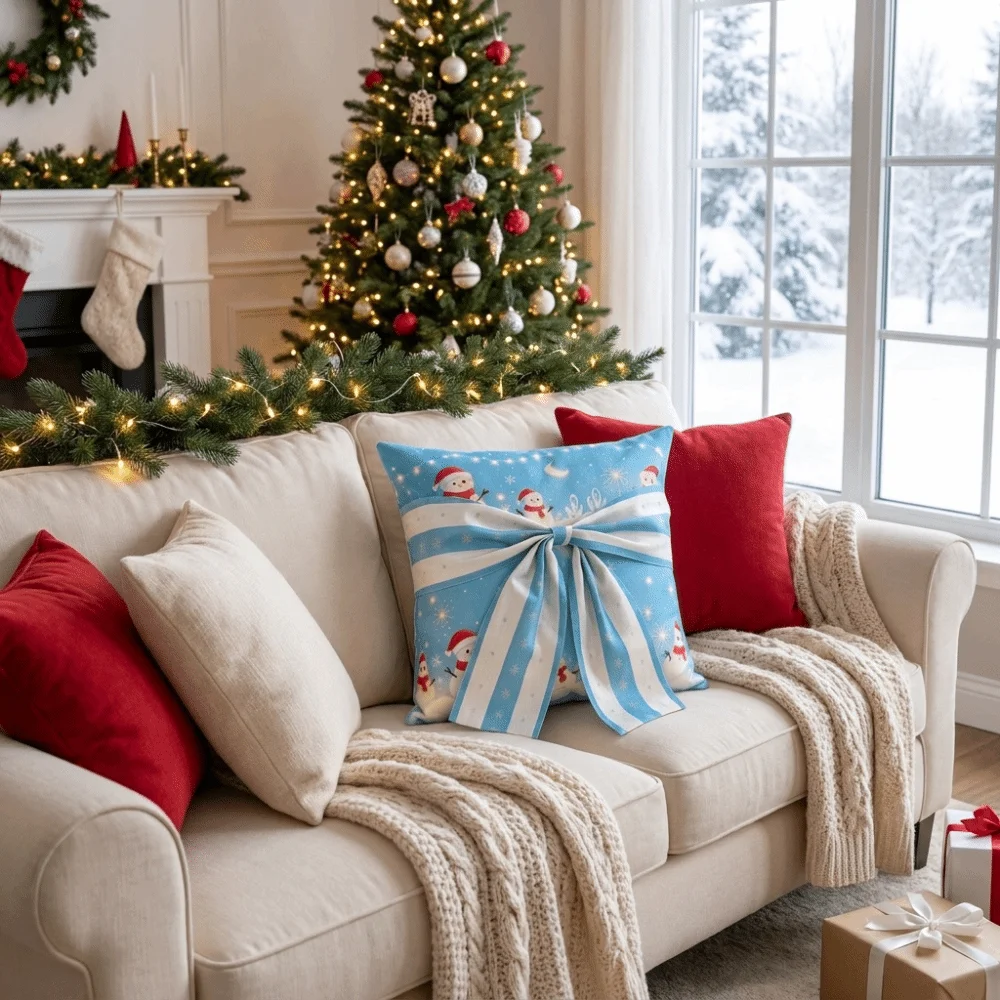 Bow Design Christmas Pillow Cover Snowflake Exquisite Xmas Tree Pillowslip Square Soft Throw Cushion Case Christmas