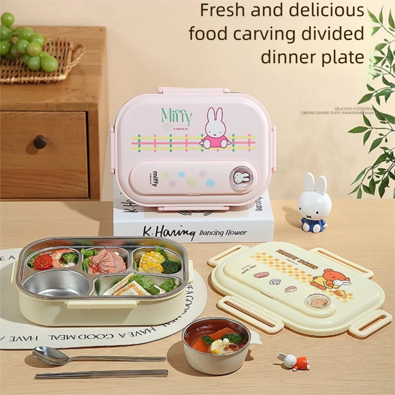 

Miffy Bento Box Kawai Miffy Rabbit Cartoon Student 304, разделенная чаша из нержавеющей стали, ланч-бокс с миской для супа, большая вместимость