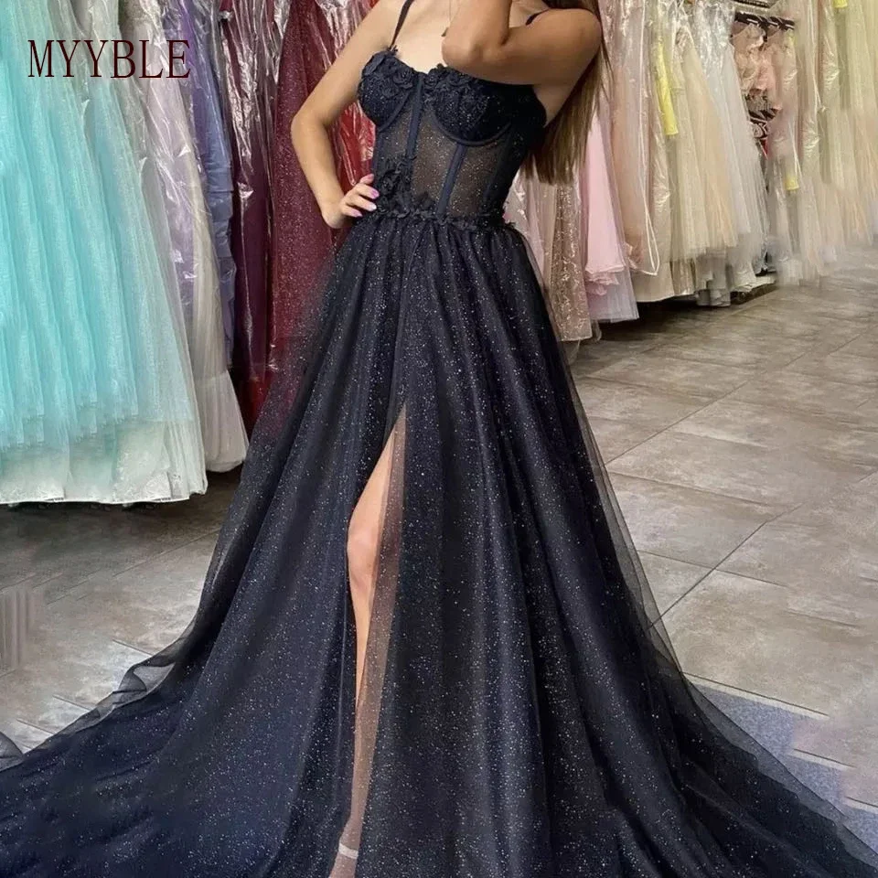 

Popular Custom Made 3D Flowers Long Evening Gowns Spaghetti Straps Sweetheart Bones Black Glitter A Line Tulle Prom Dresses