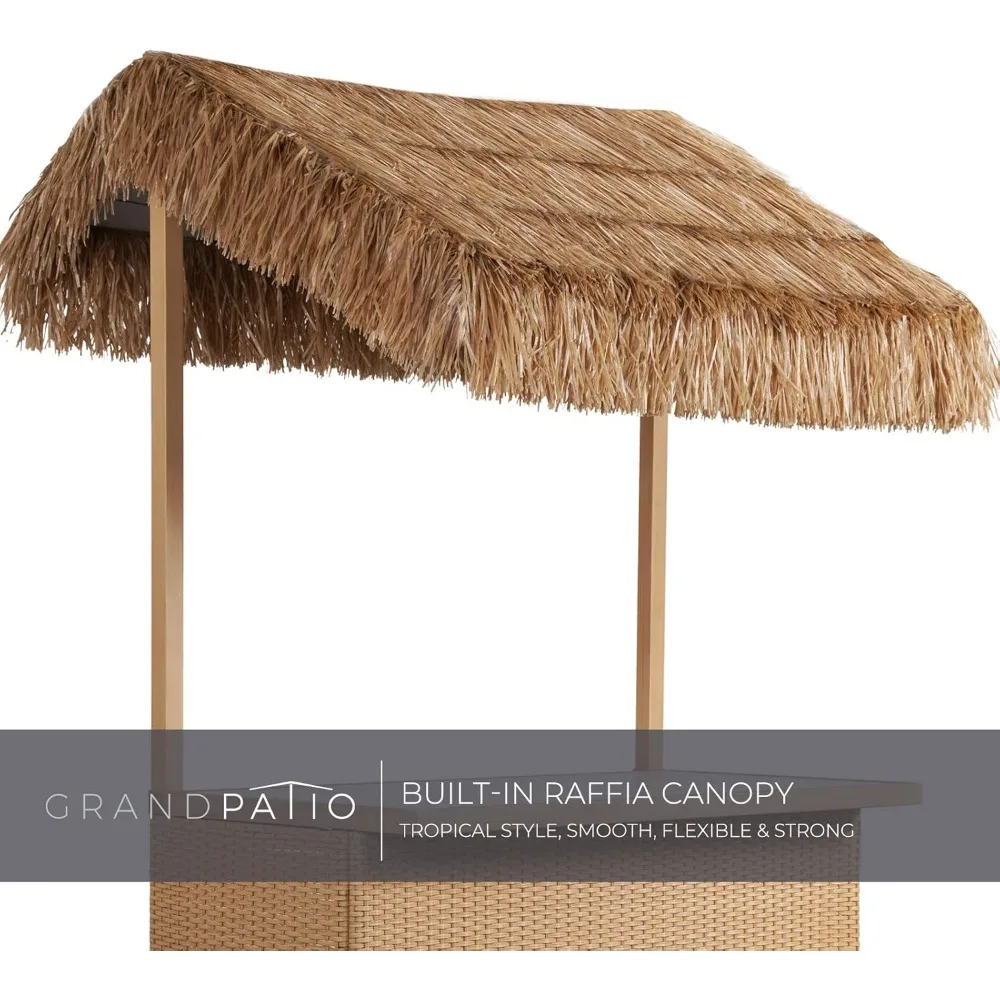 Conjunto de bar Tiki para exterior com tampo de cerâmica ampliado (42" de largura), Phuket 5 peças de vime Islander Tiki Bar e 4 bancos de armazenamento