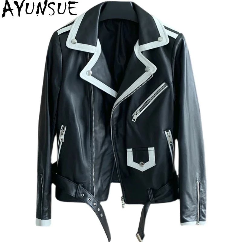 AYUNSUE 100% ของแท้Sheepskinหนังสตรีแฟชั่นรถจักรยานยนต์หนังแจ็คเก็ตเสื้อผ้าผู้หญิง 2025 ฤดูใบไม้ร่วงAbrigo Mujer