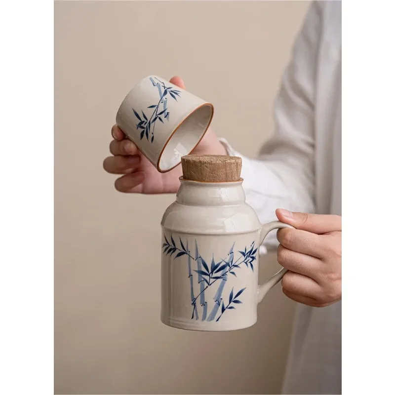 Mug Ru Kiln Small Heater with Cover Ceramic Braised Tea Cup Chinese Large Capacity Thermos Flask Office Cup with Handle