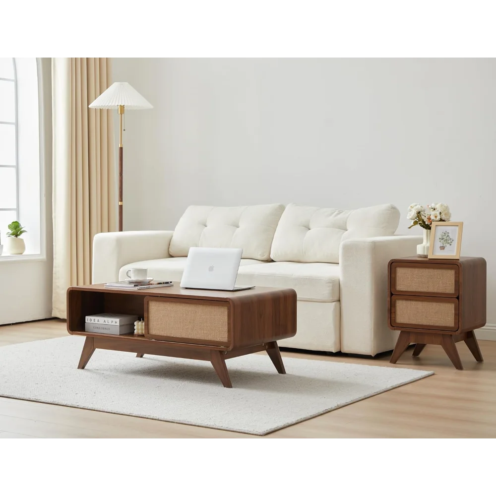 Mid-Century Modern Walnut Coffee Table -Curved Edge Wood Rectangle Center Table,Sliding Linen Door Storage for Living RoomOffice