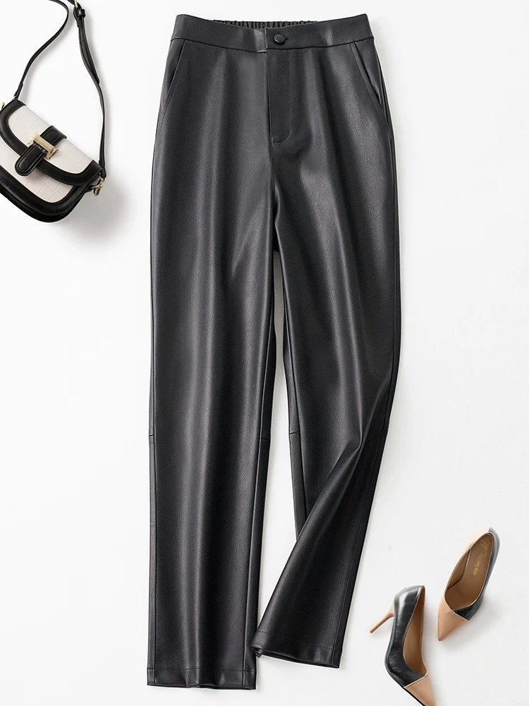 2025 Autumn/Winter New Elastic Waist Leather Pants for Women High Waist  Casual Straight Leg Pants, Nine Point Smoke Tube Pants