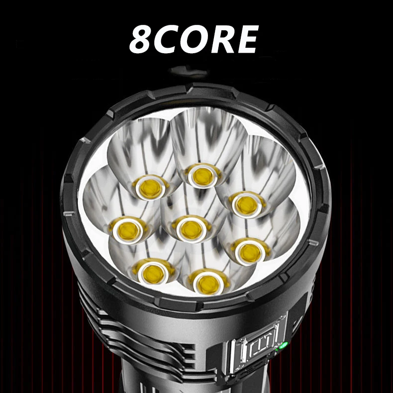 Powerful LED Flashlights Outdoor Waterproof Torch 8 Core LED Flashlamp with Side Light USB Rechargeable Lantern Built-in Battery