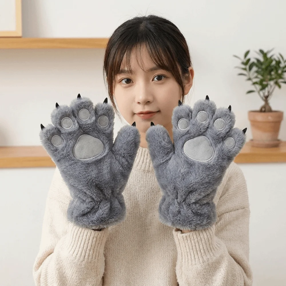 Soft Cartoon Cat Paw Plush Gloves Animals Furry Cat Claw Mittens Thicken Keep Warm Cosplay Props Winter