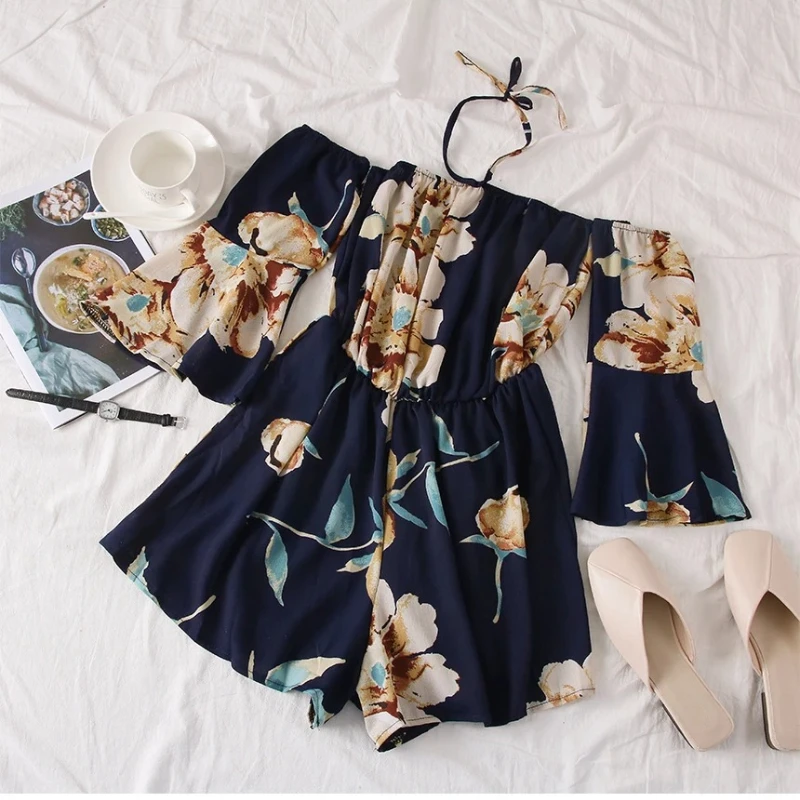 2026 Women Halter Floral Playsuits Holiday flower overalls bohemian off shoulder beach jumpsuits wide leg chiffon rompers