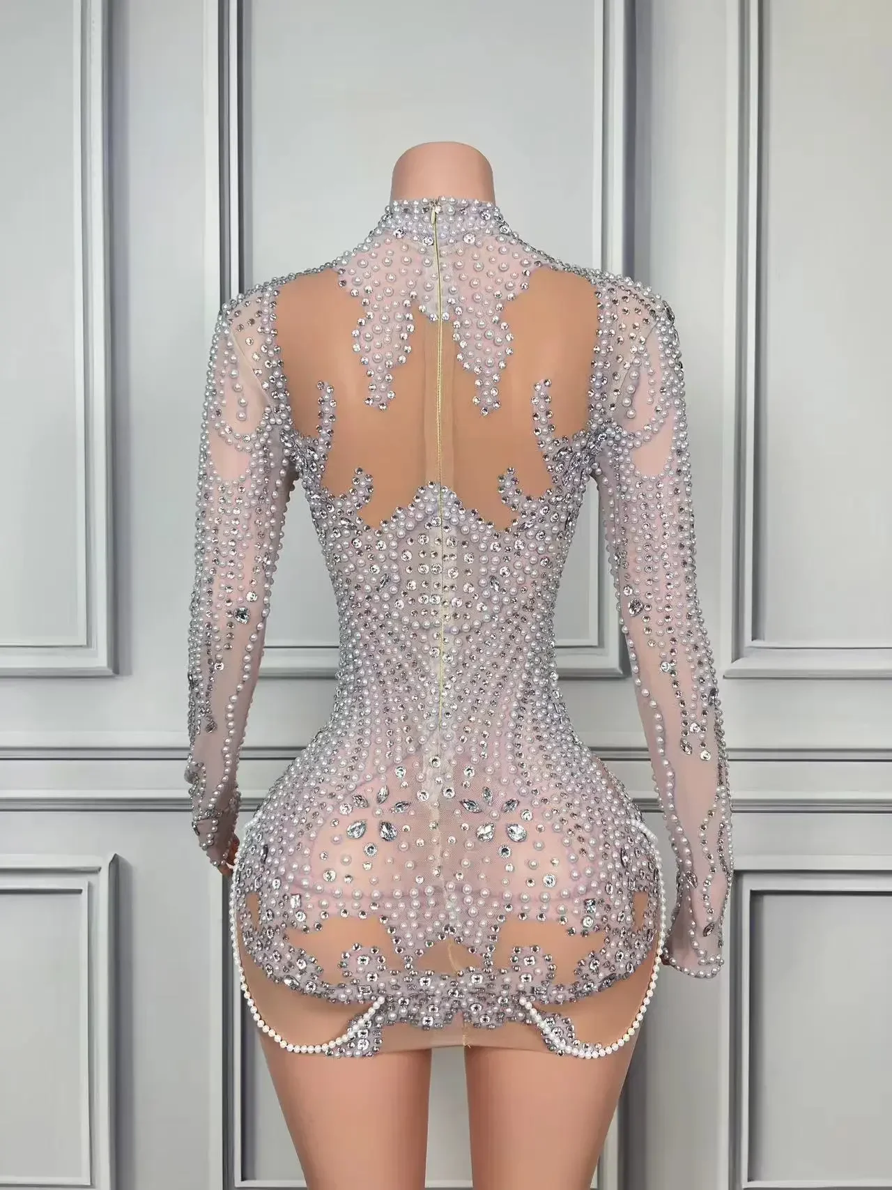 Women Evening Prom Celebrate Dress Sexy Mesh Transparent Singer Show Party Wear Luxurious Full Rhinestones Pearl Short Dress