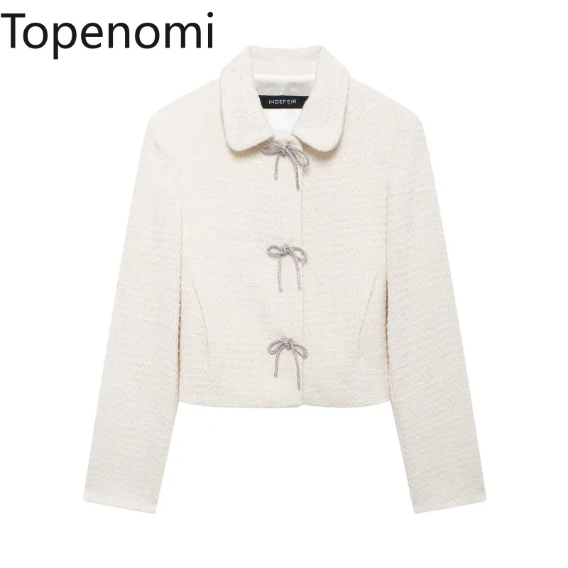 Topenomi Sweet Bow Tweed Jacket Women French Elegant Lapel Short Coats Autumn Winter Vintage Fashion Long Sleeve Top Ropa Mujer