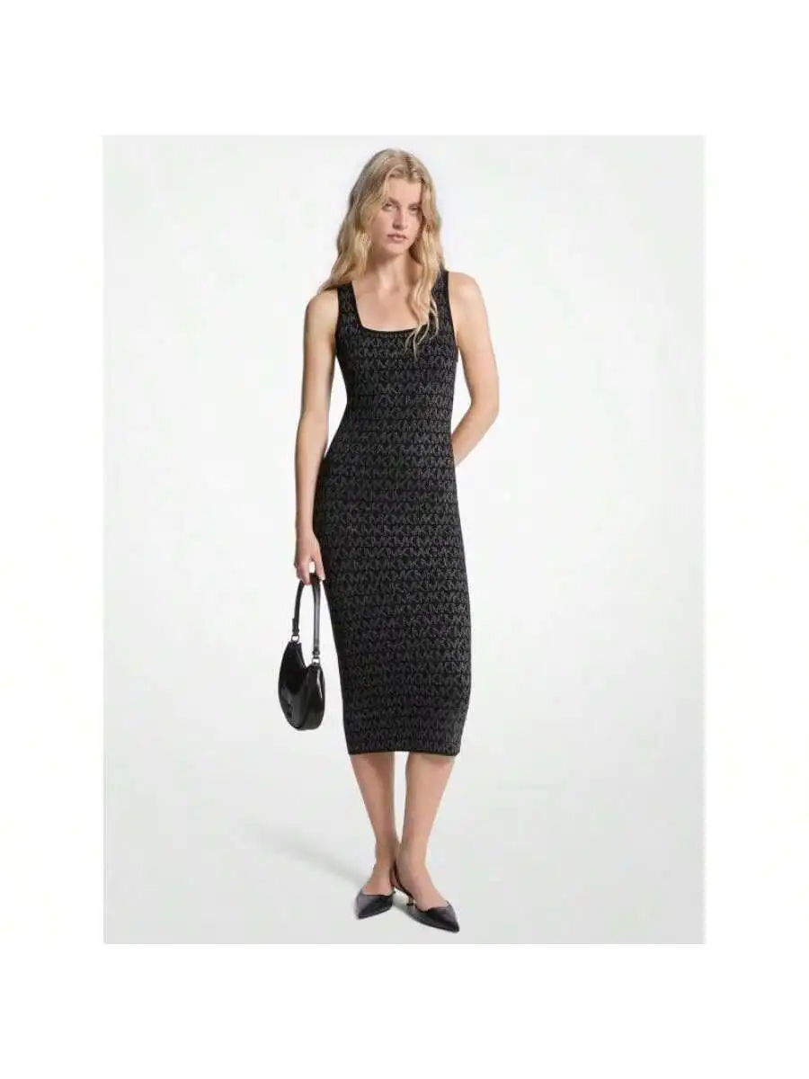 

Logo Jacquard Stretch Knit Midi Dress With Square Neckline