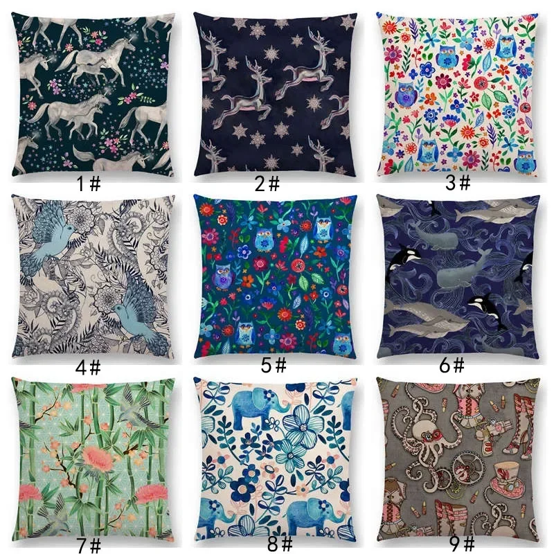 New Mixed Animal And Flowers Prints Elephants Owls Deers Unicorns Birds Cushion Cover Home Decor Car Sofa Throw Pillow Case