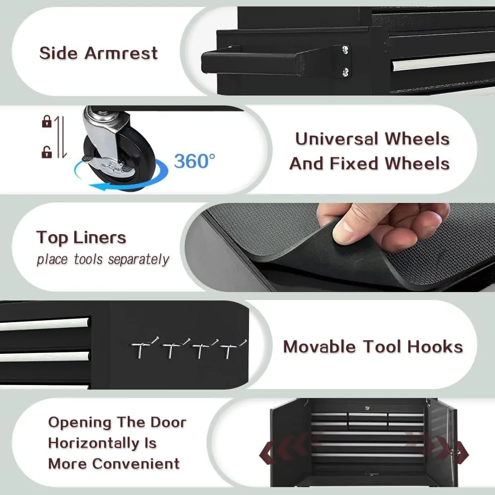 ตู้เครื่องมือแบบมีล้อเลื่อน 13 ลิ้นชัก 2 ประตู พร้อมล้อถอดได้และพื้นที่จัดเก็บขนาดใหญ่